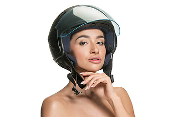 Image showing Portrait of attractive woman in motorbike helmet