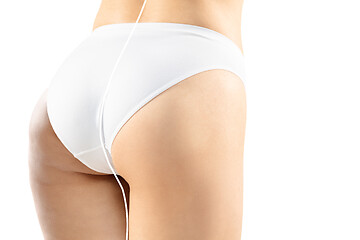 Image showing Overweight woman with fat cellulite legs and buttocks, obesity female body in white underwear comparing with fit and thin body isolated on white background