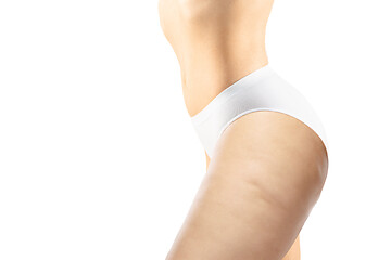 Image showing Overweight woman with fat cellulite legs and buttocks, obesity female body in white underwear isolated on white background