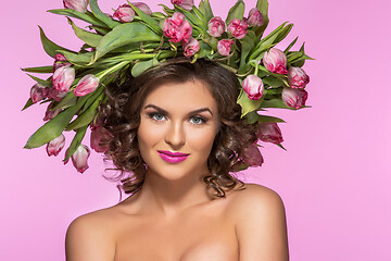 Image showing beautiful girl with flower tulip wreath