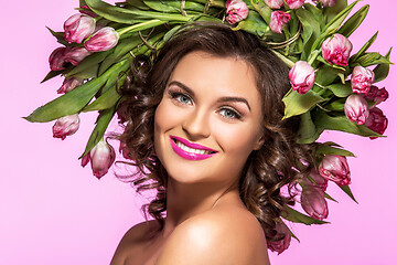 Image showing beautiful girl with flower tulip wreath