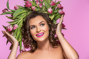 Image showing beautiful girl with flower tulip wreath