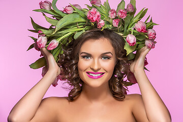 Image showing beautiful girl with flower tulip wreath