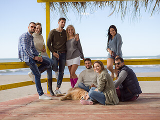 Image showing Group of friends having fun on autumn day at beach