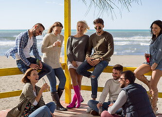 Image showing Group of friends having fun on autumn day at beach