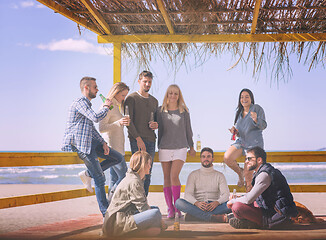 Image showing Group of friends having fun on autumn day at beach