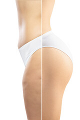 Image showing Overweight woman with fat cellulite legs and buttocks, obesity female body in white underwear comparing with fit and thin body isolated on white background