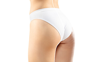 Image showing Overweight woman with fat cellulite legs and buttocks, obesity female body in white underwear comparing with fit and thin body isolated on white background