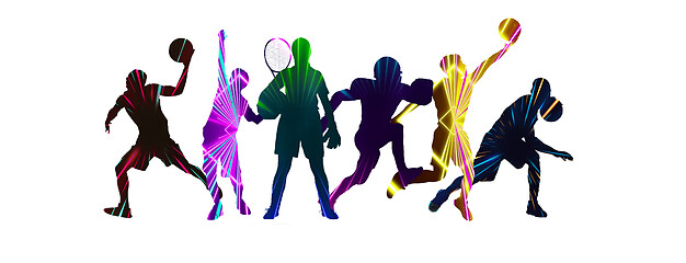 Image showing Sport collage made of drawing sportsmen with bright fluid colors isolated on white studio background