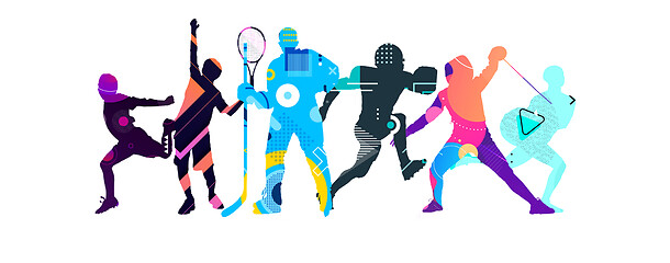 Image showing Sport collage made of drawing sportsmen with bright fluid colors isolated on white studio background