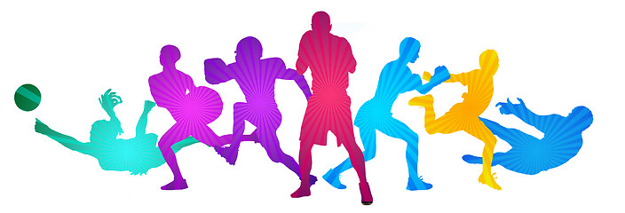 Image showing Sport collage made of drawing sportsmen with bright fluid colors isolated on white studio background