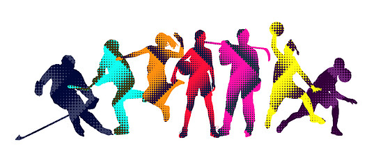 Image showing Sport collage made of drawing sportsmen with bright fluid colors isolated on white studio background