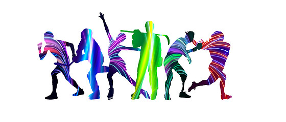 Image showing Sport collage made of drawing sportsmen with bright fluid colors isolated on white studio background