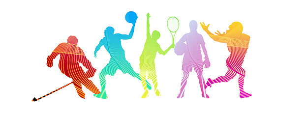 Image showing Sport collage made of drawing sportsmen with bright fluid colors isolated on white studio background