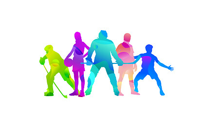 Image showing Sport collage made of drawing sportsmen with bright fluid colors isolated on white studio background