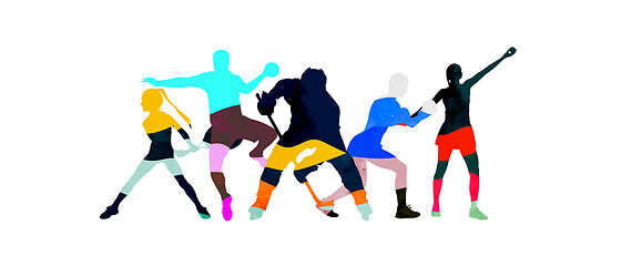 Image showing Sport collage made of drawing sportsmen with bright fluid colors isolated on white studio background