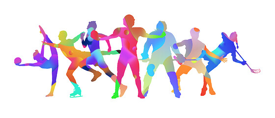 Image showing Sport collage made of drawing sportsmen with bright fluid colors isolated on white studio background