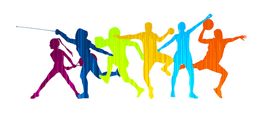 Image showing Sport collage made of drawing sportsmen with bright fluid colors isolated on white studio background