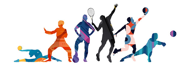 Image showing Sport collage made of drawing sportsmen with bright fluid colors isolated on white studio background