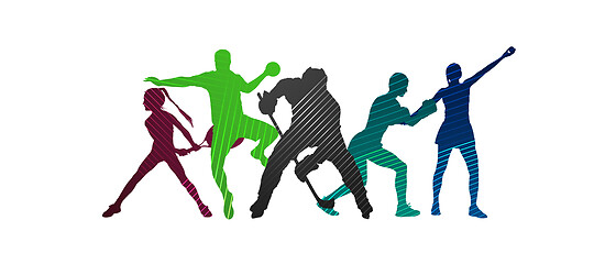 Image showing Sport collage made of drawing sportsmen with bright fluid colors isolated on white studio background