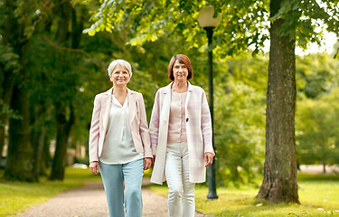 Image showing senior women or friends walking along summer park