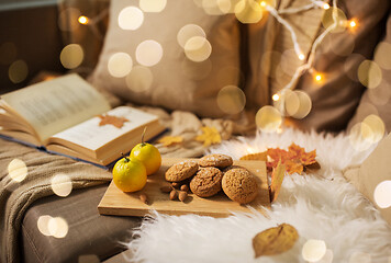 Image showing lemons, book, almond and oatmeal cookies on sofa