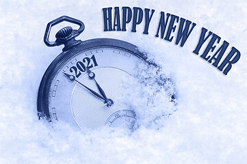 Image showing 2021 Happy New Year, New Year 2021 greeting card, pocket watch in snow, English text, countdown to midnight