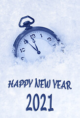 Image showing Happy New year 2021, 2021 New Year greeting card  in English language, pocket watch in snow, countdown to midnight