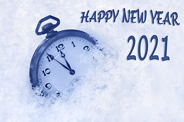 Image showing Happy new year card, New Year 2021 greeting in English language, pocket watch in snow, happy new year 2021 text, countdown to midnight