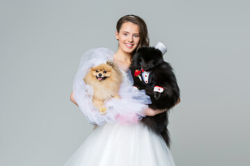 Image showing bride girl with Spitz dog wedding couple