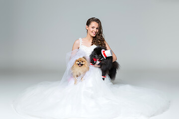 Image showing bride girl with Spitz dog wedding couple