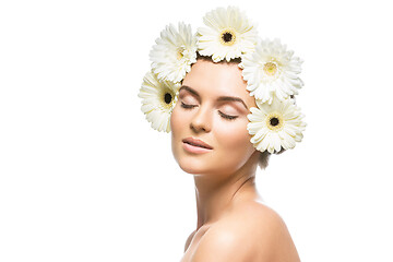 Image showing beautiful girl with white flowers on head