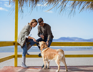 Image showing young couple with a dog at the beach