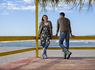 Image showing Couple chating and having fun at beach bar