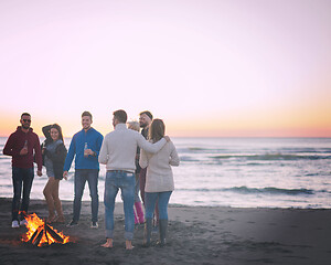 Image showing Friends having fun at beach on autumn day