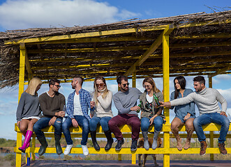 Image showing Group of friends having fun on autumn day at beach