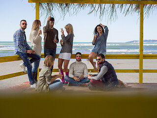 Image showing Group of friends having fun on autumn day at beach