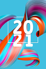 Image showing Happy New 2021 Year. Holiday wavy fluid multicolored lines and lettering on blue background, vertical flyer