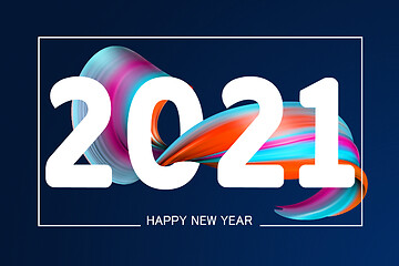 Image showing Happy New 2021 Year. Holiday wavy fluid multicolored lines and lettering on blue background, horizontal flyer