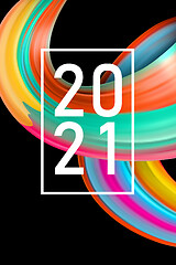 Image showing Happy New 2021 Year. Holiday wavy fluid multicolored lines and lettering on black background, vertical flyer