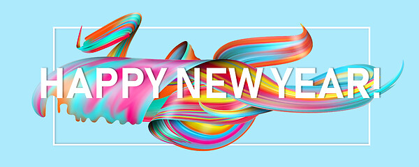 Image showing Happy New 2021 Year. Holiday wavy fluid multicolored lines and lettering on blue background, horizontal flyer