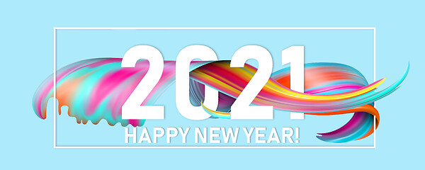 Image showing Happy New 2021 Year. Holiday wavy fluid multicolored lines and lettering on blue background, horizontal flyer