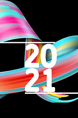 Image showing Happy New 2021 Year. Holiday wavy fluid multicolored lines and lettering on black background, vertical flyer