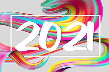 Image showing Happy New 2021 Year. Holiday wavy fluid multicolored lines and lettering on white background, horizontal flyer