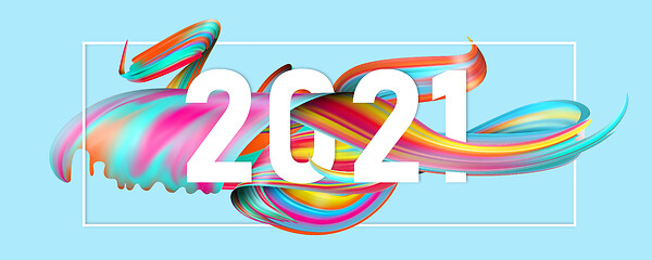 Image showing Happy New 2021 Year. Holiday wavy fluid multicolored lines and lettering on blue background, horizontal flyer