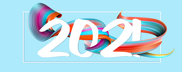 Image showing Happy New 2021 Year. Holiday wavy fluid multicolored lines and lettering on blue background, horizontal flyer