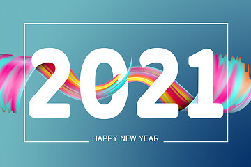 Image showing Happy New 2021 Year. Holiday wavy fluid multicolored lines and lettering on blue background, horizontal flyer