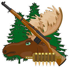 Image showing Head moose with horn and weapon on background wood