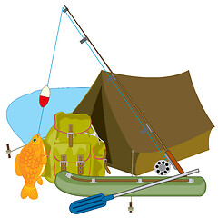 Image showing Subjects for fishing fishing rod and tent with rucksack