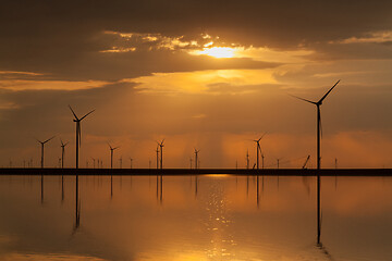 Image showing Group of wind turbines on the coastline.